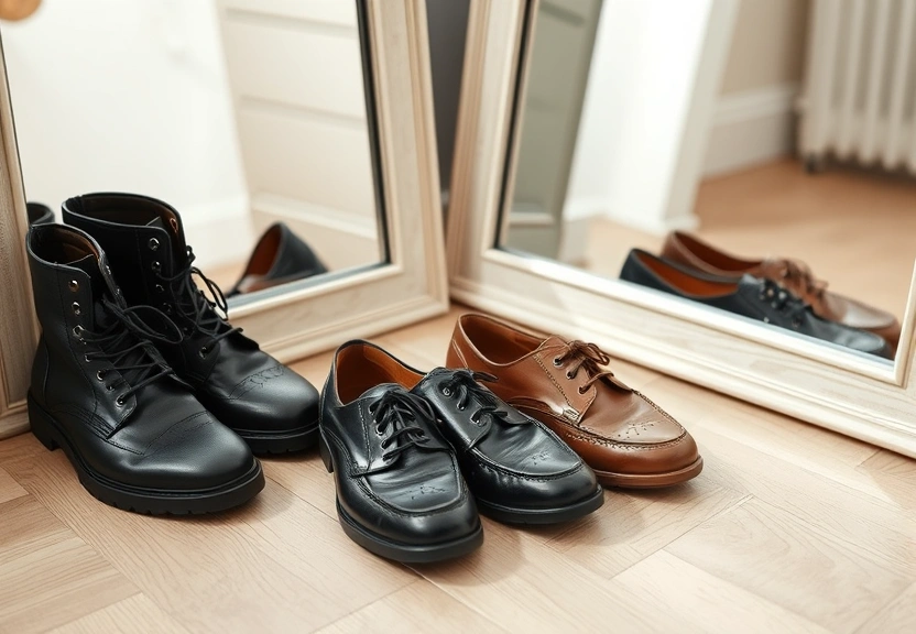 Par de sapatos disposto no chão de madeira clara, ao lado de um espelho