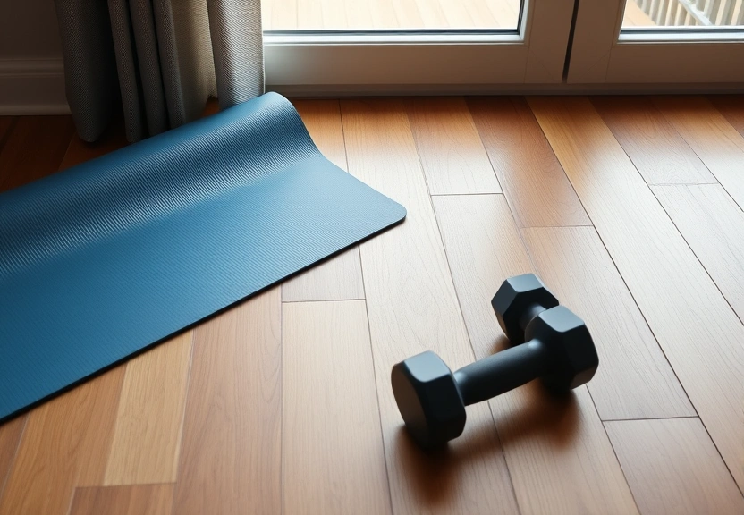 Colchonete de exercício e halteres pequenos no chão, junto à janela