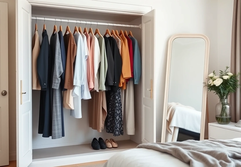 Guarda-roupa aberto com peças penduradas e um espelho de corpo inteiro