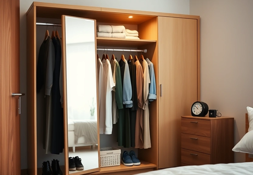 Guarda-roupa aberto com peças penduradas e um espelho de corpo inteiro