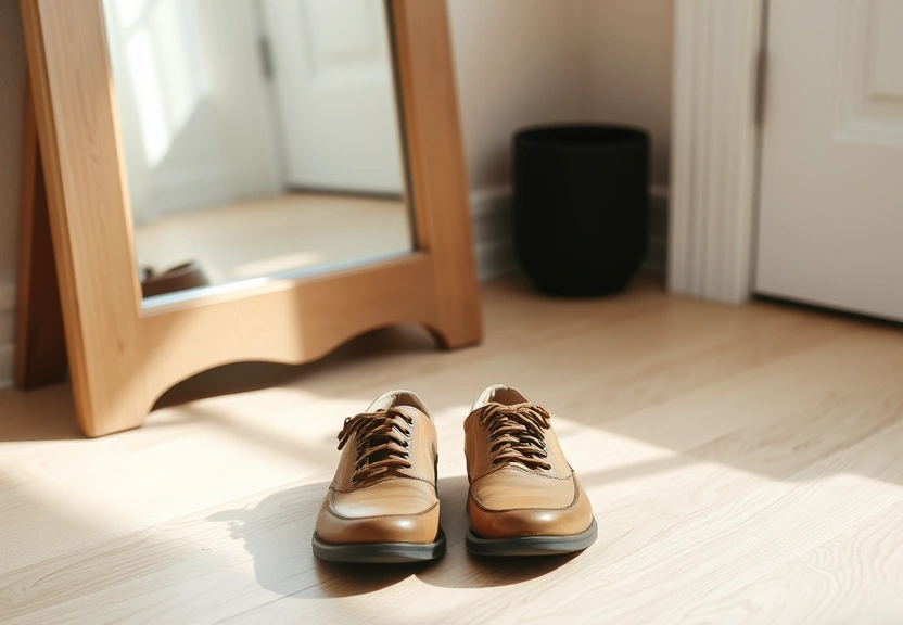 Par de sapatos disposto no chão de madeira clara, ao lado de um espelho