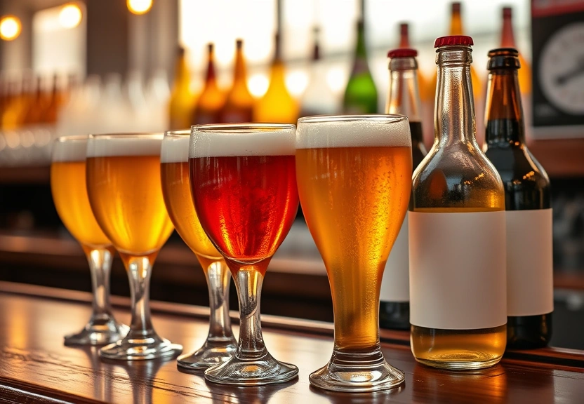 Copos gelados e garrafas sobre o balcão de madeira de um bar