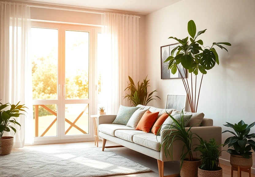 Sala clara com sofá e plantas, sob a luz da tarde vinda da janela
