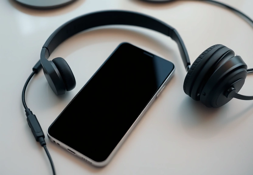 Celular sobre uma mesa limpa, ao lado de fones, com a tela apagada