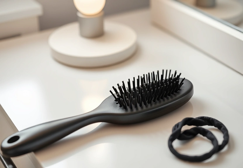 Escova de cabelo e elásticos sobre uma penteadeira clara