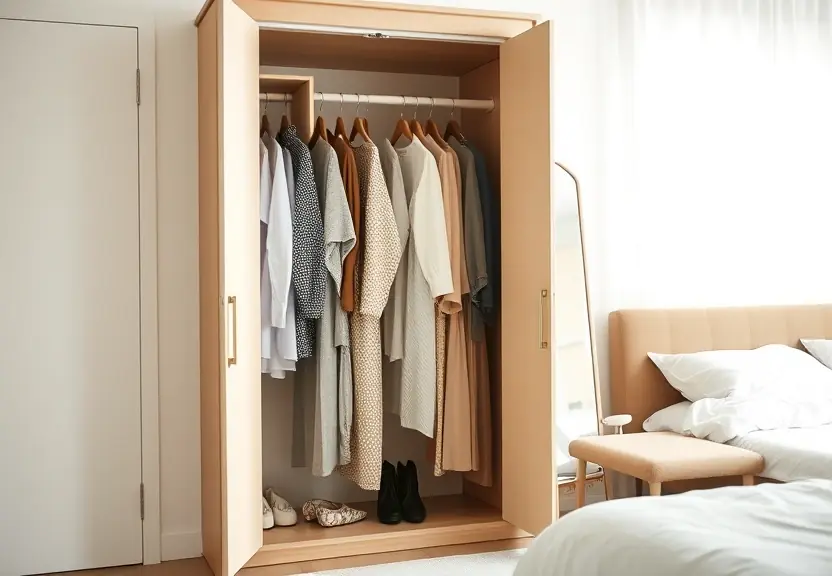 Guarda-roupa aberto com peças penduradas e um espelho de corpo inteiro