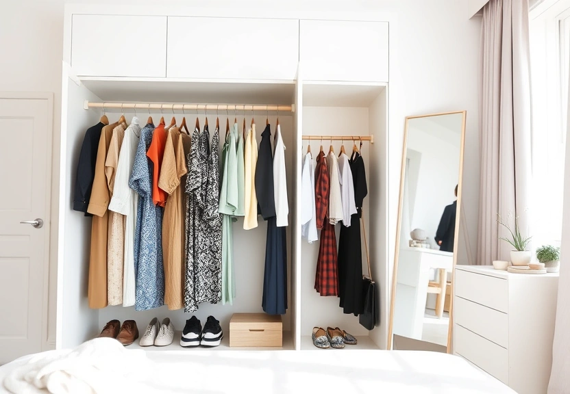 Guarda-roupa aberto com peças penduradas e um espelho de corpo inteiro