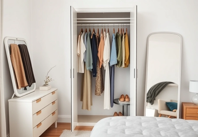 Guarda-roupa aberto com peças penduradas e um espelho de corpo inteiro