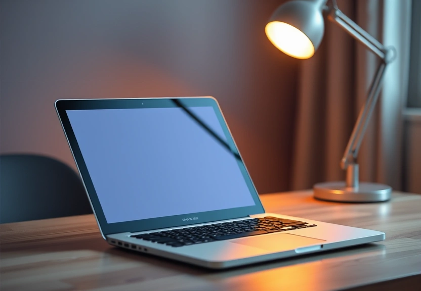 Notebook fechado sobre a mesa, ao lado de uma luminária acesa