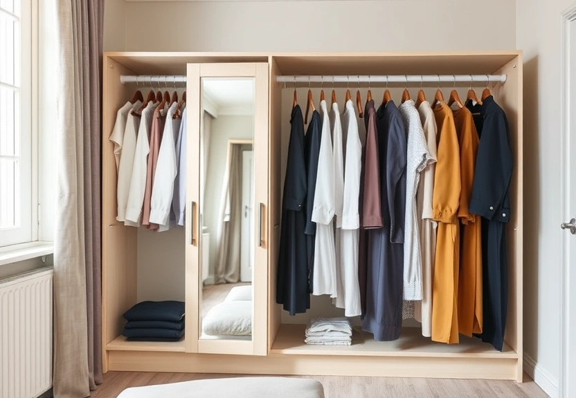 Guarda-roupa aberto com peças penduradas e um espelho de corpo inteiro