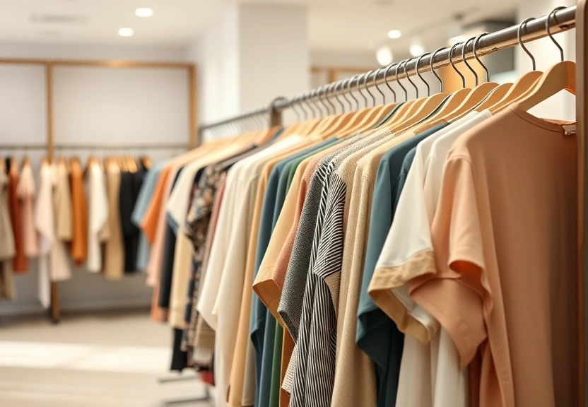 Arara de roupas numa loja clara, em tons neutros