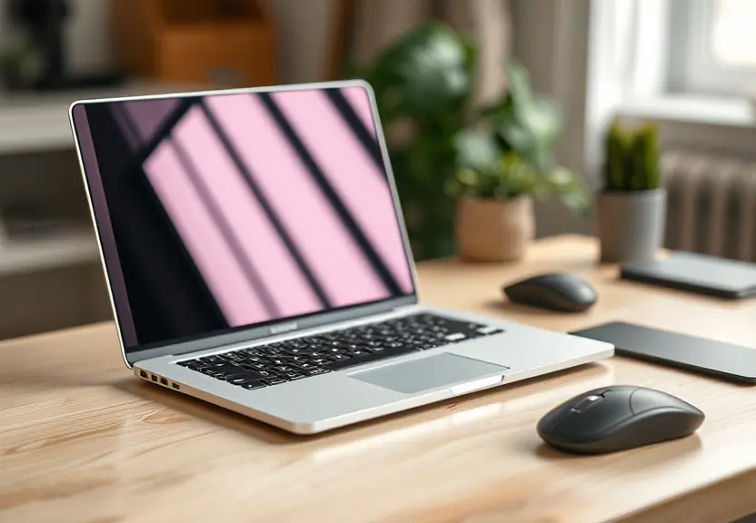 Notebook semiaberto sobre a mesa, com um mouse ao lado