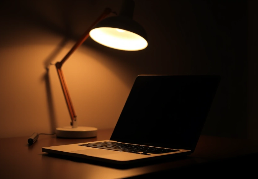 Notebook fechado sobre a mesa, ao lado de uma luminária acesa