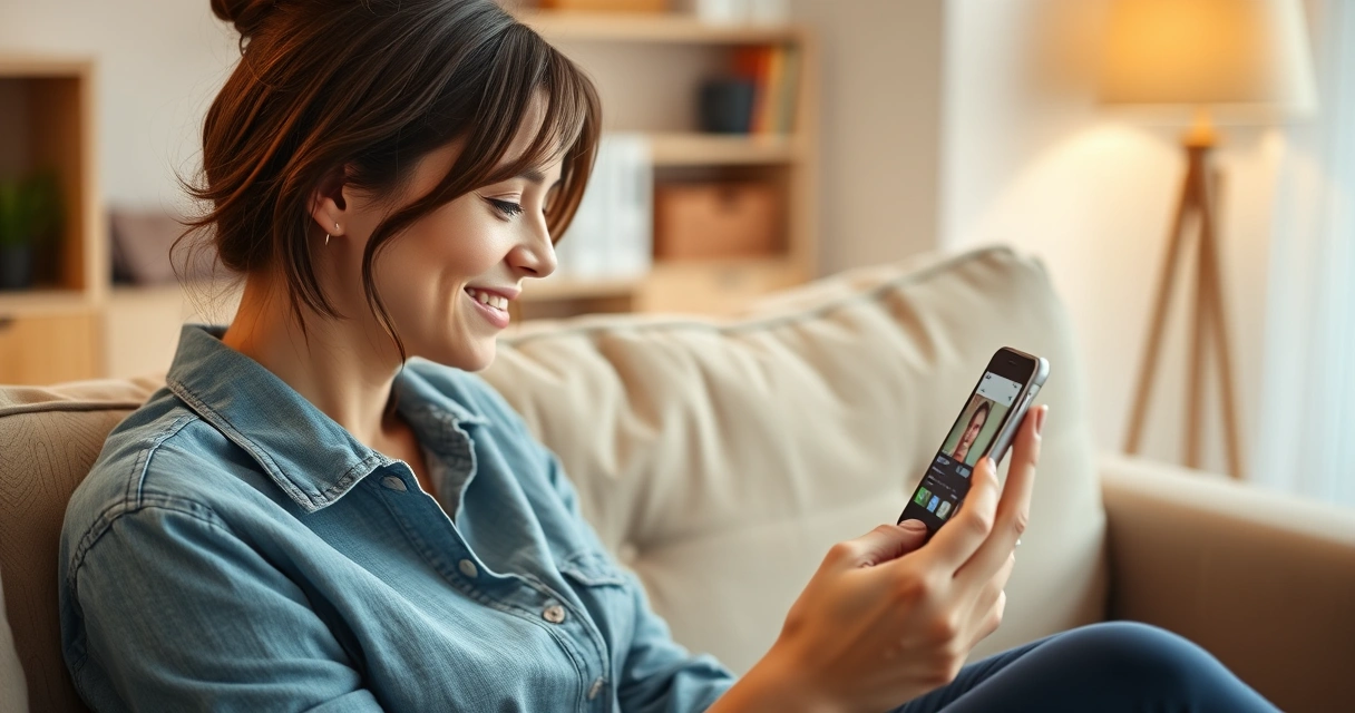 mulher assistindo vídeo no celular sentada no sofá da sala