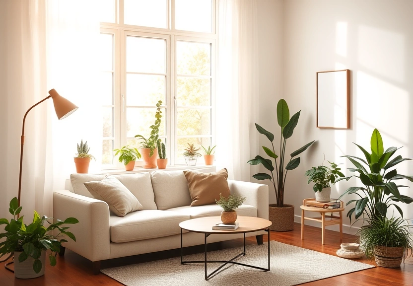 Sala clara com sofá e plantas, sob a luz da tarde vinda da janela