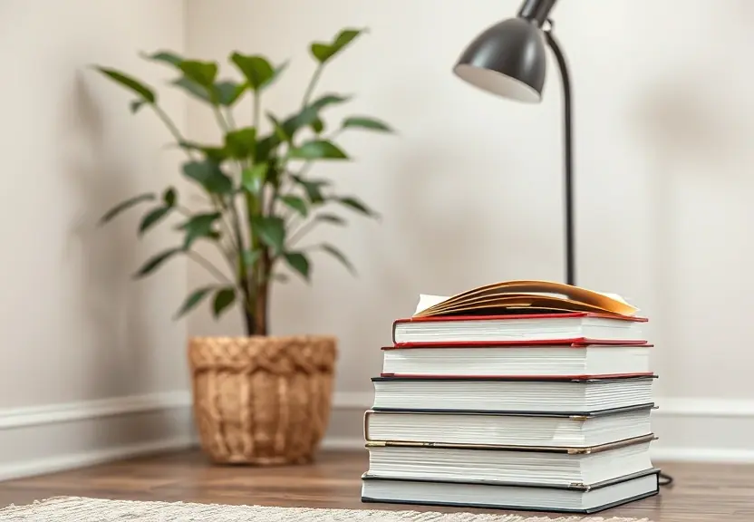 Canto de uma sala com uma planta, um abajur e livros empilhados