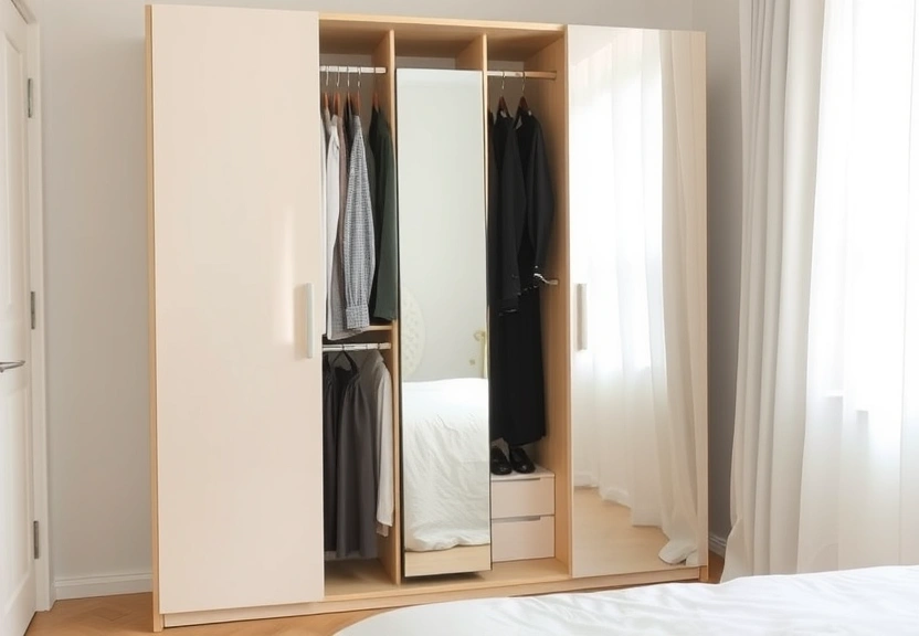 Guarda-roupa aberto com peças penduradas e um espelho de corpo inteiro