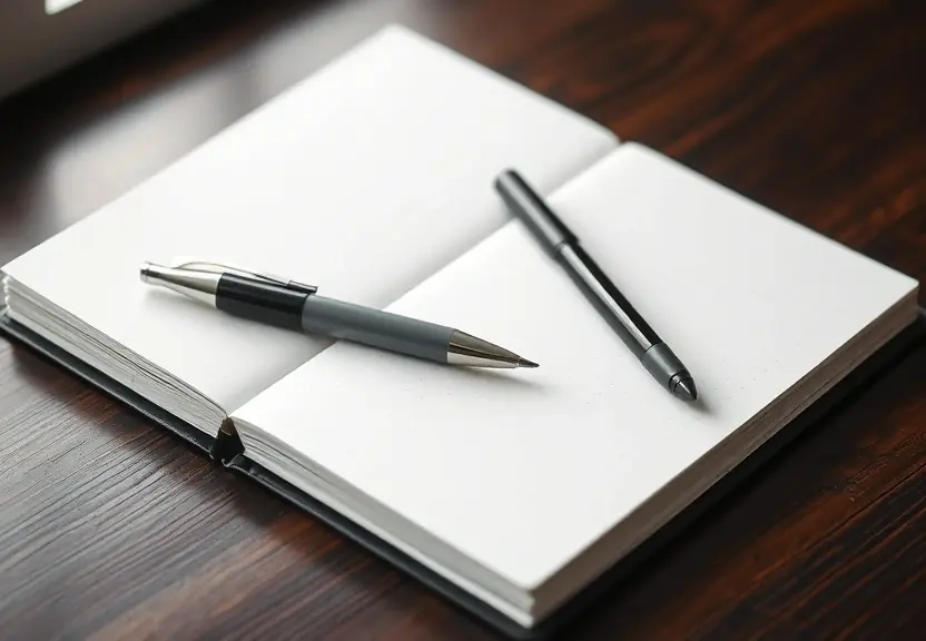 Caderno fechado e uma caneta sobre a mesa