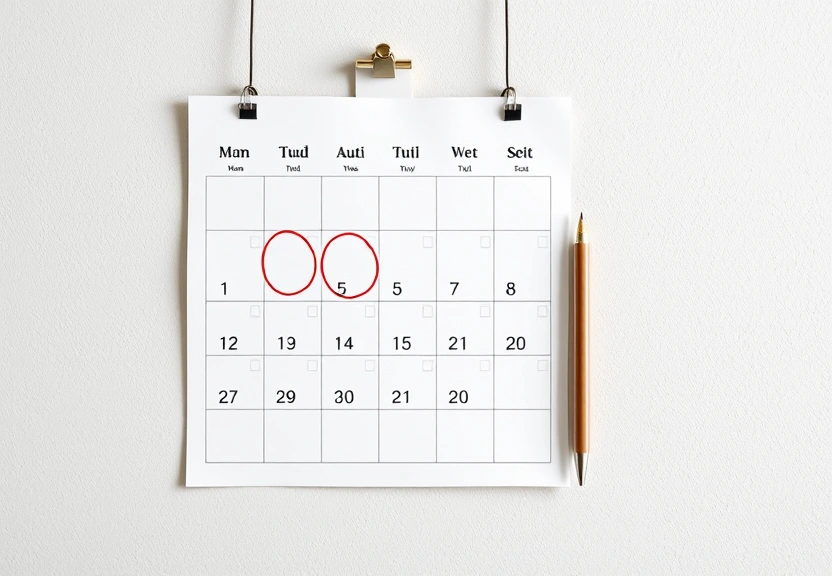 Calendário de parede com alguns dias circulados e uma caneta ao lado