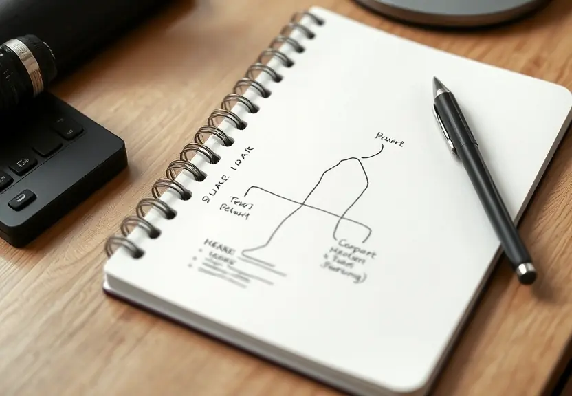 Caderno com um diagrama simples e uma caneta sobre a mesa
