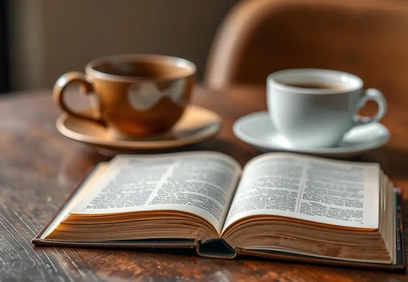 Livro fechado sobre a mesa, ao lado de uma xícara de café