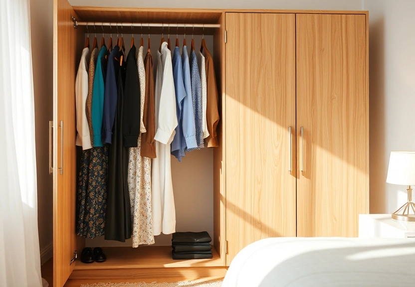 Guarda-roupa aberto com peças penduradas e um espelho de corpo inteiro