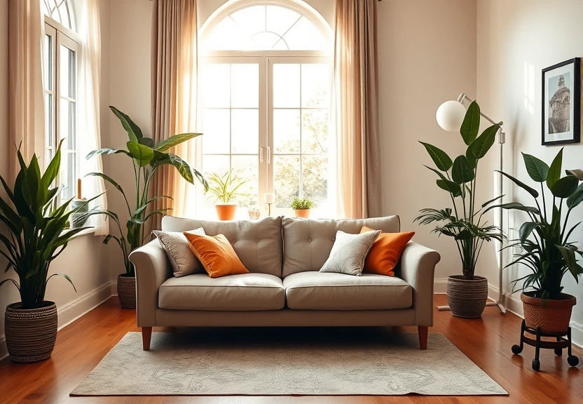 Sala clara com sofá e plantas, sob a luz da tarde vinda da janela