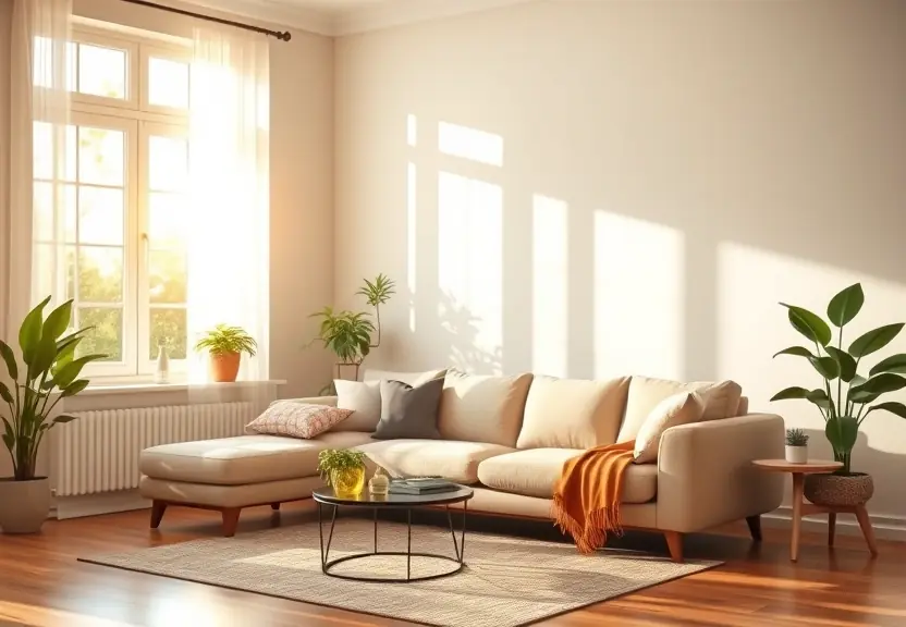 Sala clara com sofá e plantas, sob a luz da tarde vinda da janela