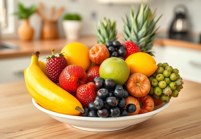 Frutas frescas numa tigela sobre a mesa da cozinha