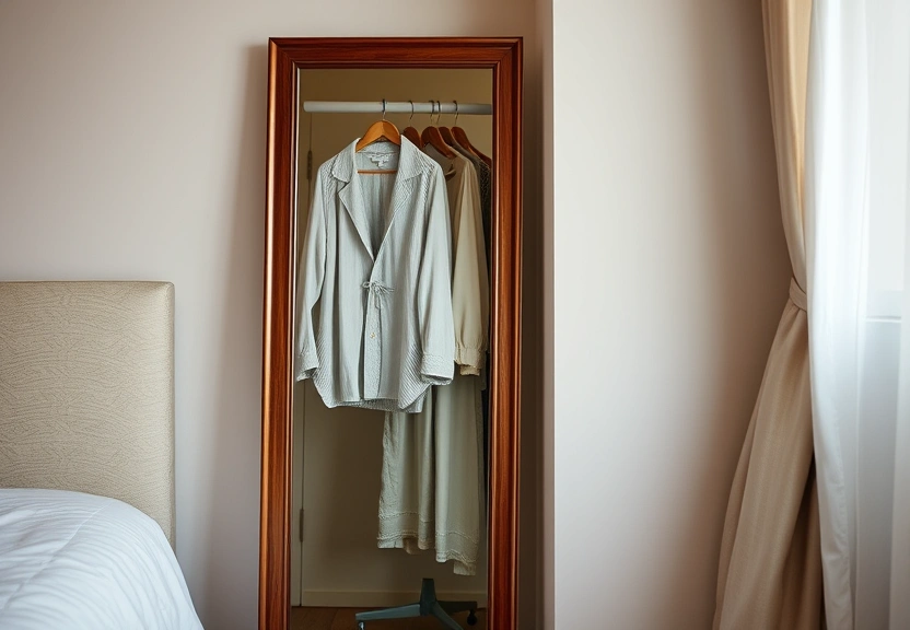 Espelho refletindo o canto do quarto, com uma roupa pendurada
