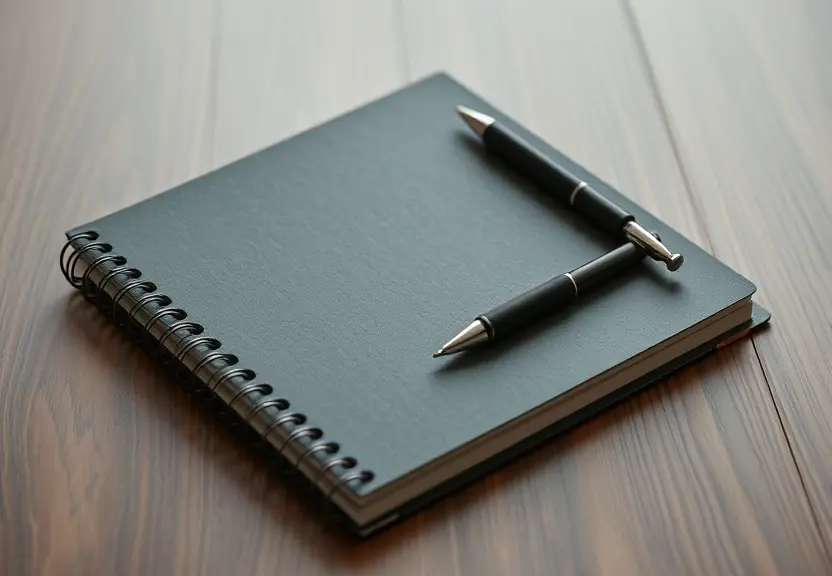 Caderno fechado e uma caneta sobre a mesa