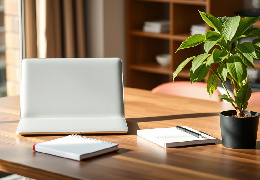 Mesa de escritório com notebook, caderno e uma planta