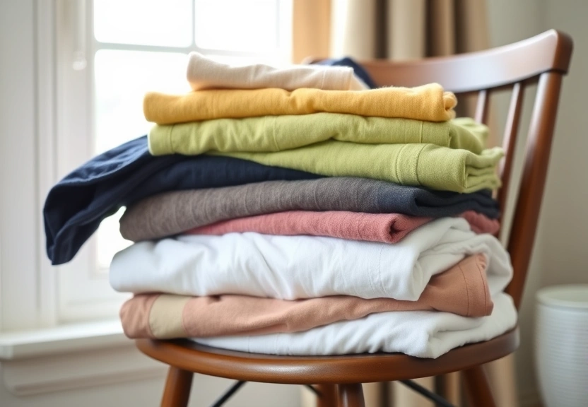 Roupas dobradas empilhadas numa cadeira, junto à janela