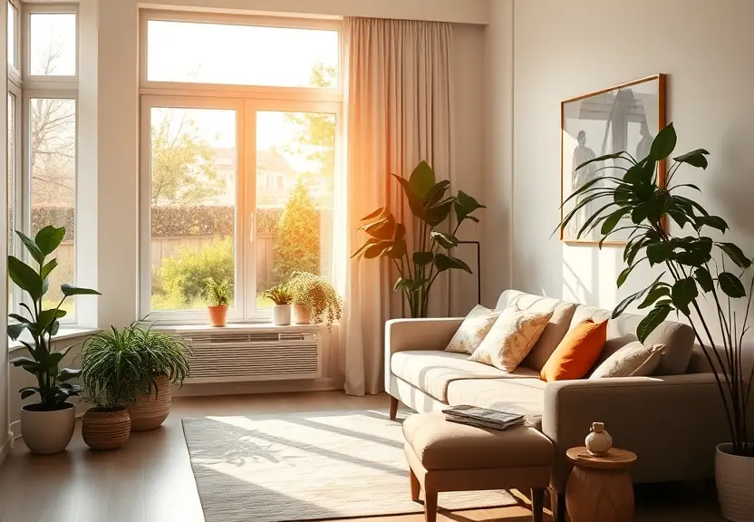 Sala clara com sofá e plantas, sob a luz da tarde vinda da janela