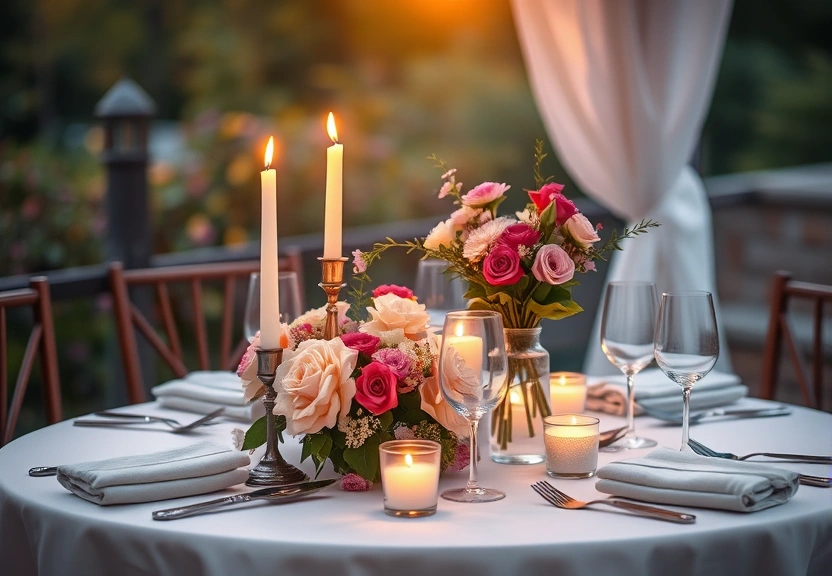 Mesa posta para uma pequena comemoração, com flores e velas
