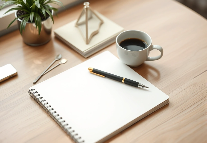 Mesa arrumada com caderno fechado, caneta e uma xícara de café