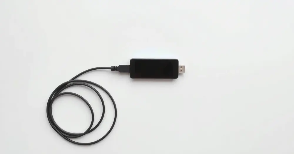 cabo de rede enrolado ao lado de pequeno adaptador preto sobre mesa branca