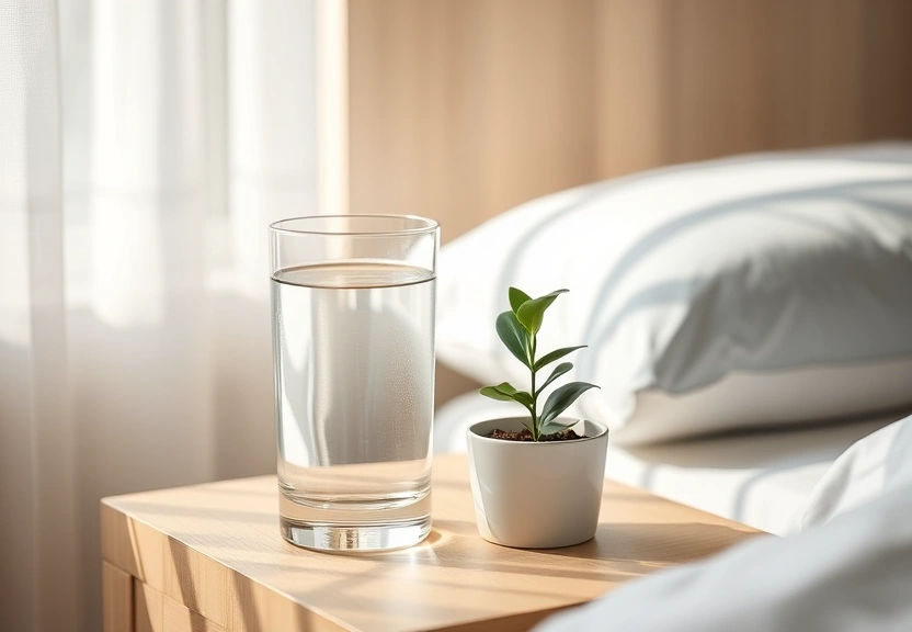 Copo de água e uma pequena planta na mesa de cabeceira