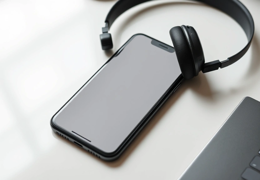 Celular sobre uma mesa limpa, ao lado de fones, com a tela apagada