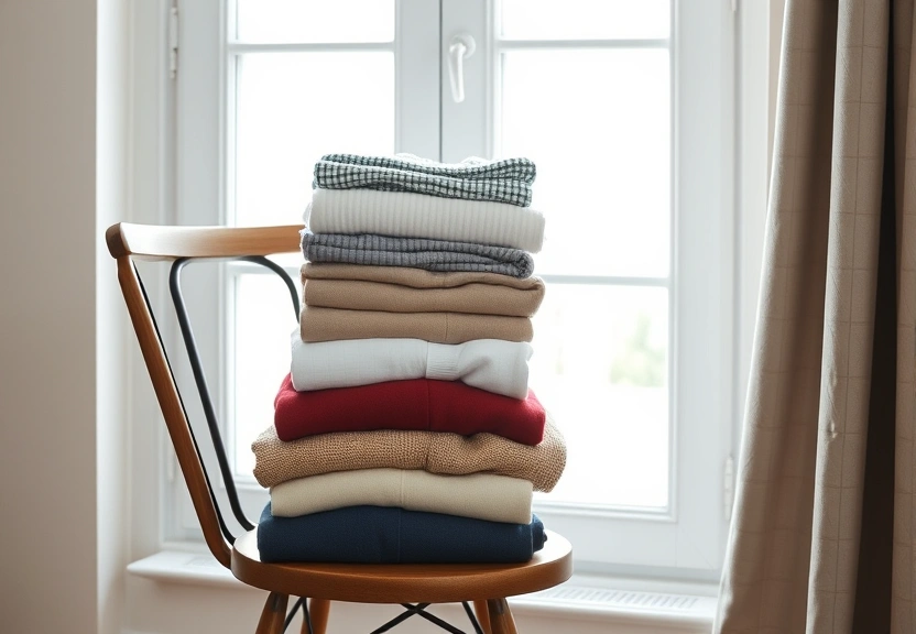 Roupas dobradas empilhadas numa cadeira, junto à janela