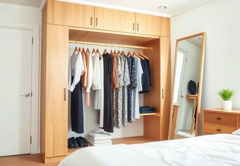 Guarda-roupa aberto com peças penduradas e um espelho de corpo inteiro