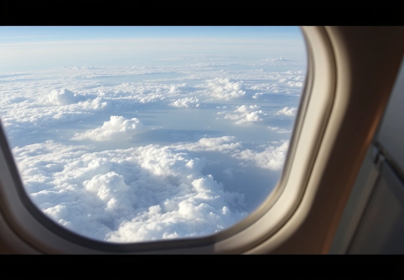Vista das nuvens pela janela de um avião