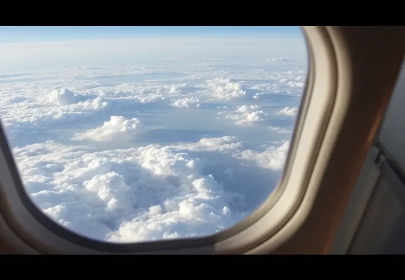 Vista das nuvens pela janela de um avião