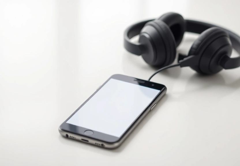 Celular sobre uma mesa limpa, ao lado de fones, com a tela apagada