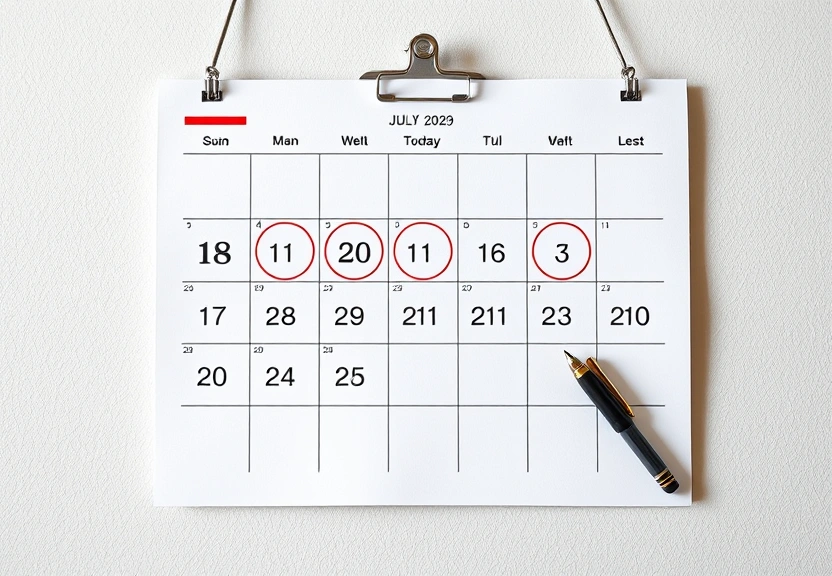Calendário de parede com alguns dias circulados e uma caneta ao lado