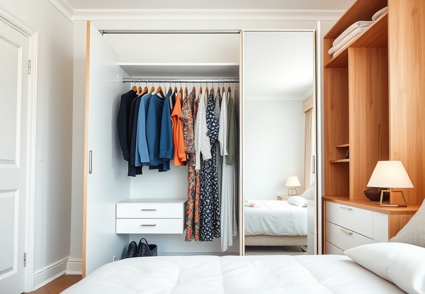 Guarda-roupa aberto com peças penduradas e um espelho de corpo inteiro
