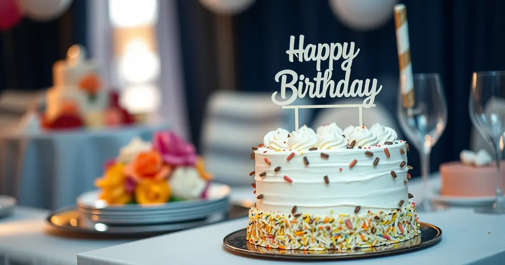 bolo de aniversário decorado sobre a mesa com topo personalizado
