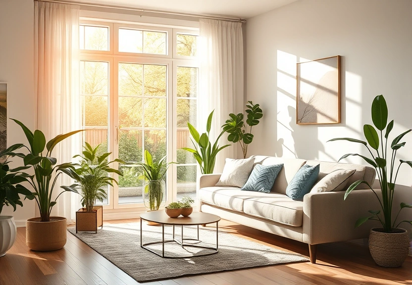 Sala clara com sofá e plantas, sob a luz da tarde vinda da janela