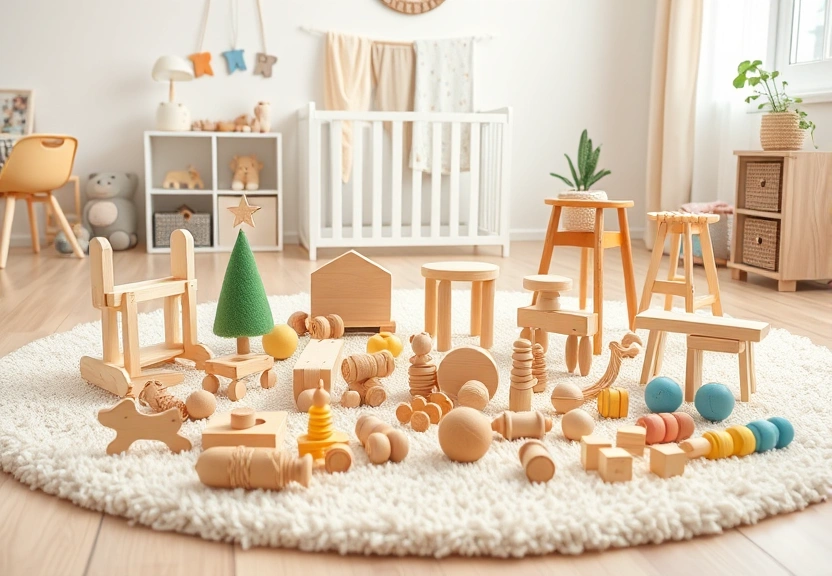 Brinquedos de madeira sobre um tapete macio, num quarto de bebê claro