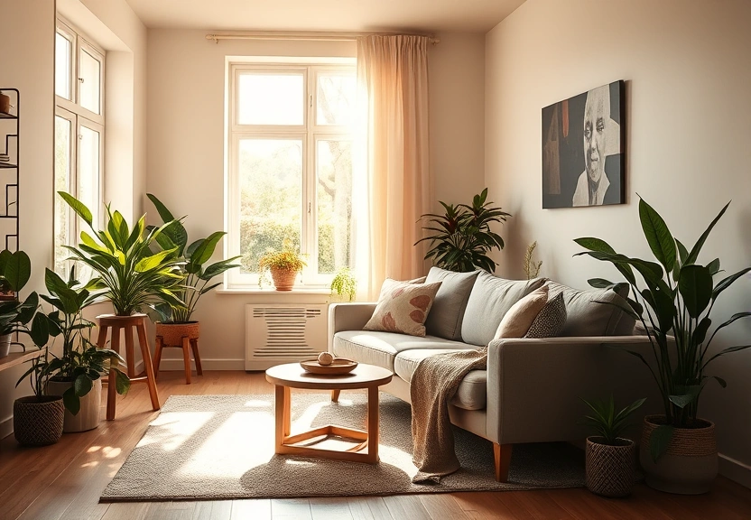 Sala clara com sofá e plantas, sob a luz da tarde vinda da janela